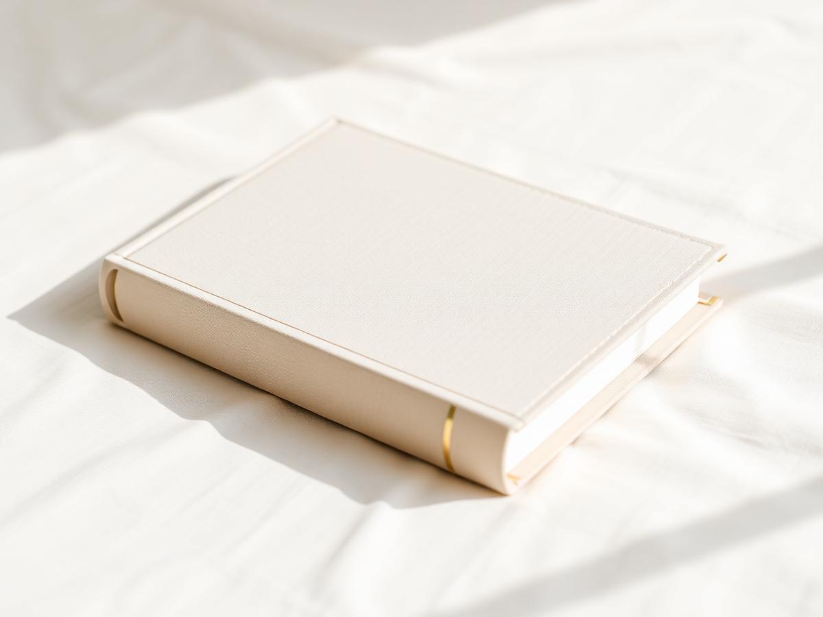 Cloth-bound keepsake book resting on linen