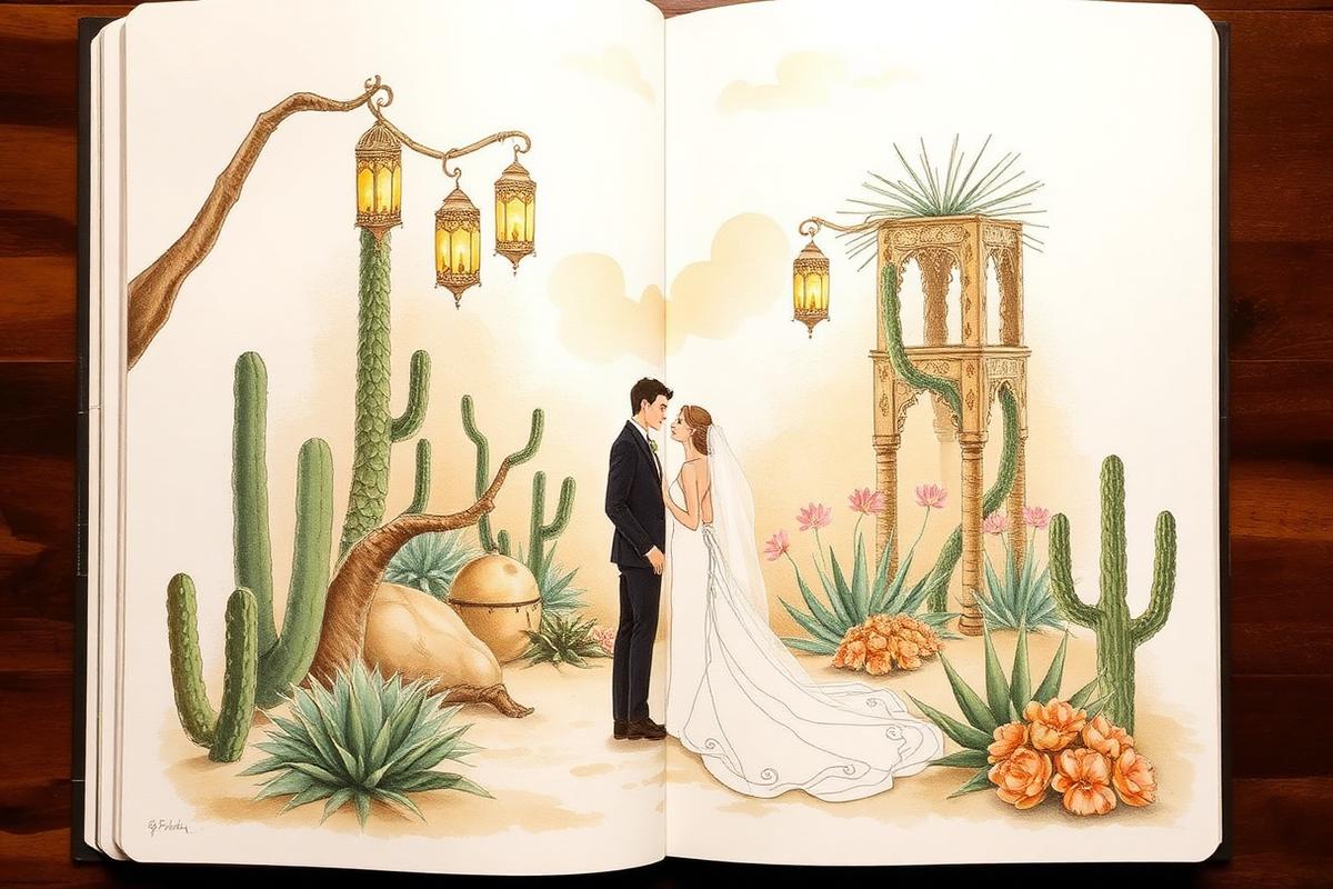 Illustrated spread of a couple in a desert garden with lanterns